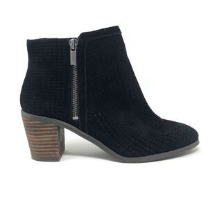 Lucky Brand Pagira Black Suede Ankle Boots Womens 8 Stacked Heel Double Side Zip
